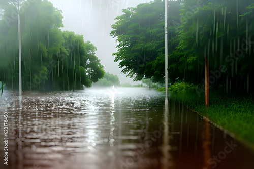 a rainy forest road. Generative ai © Jin