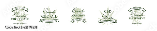 Set of cannabis store and products vintage logo template with hand drawn elements. Vector illustration in sketch style. Design for branding and product packaging