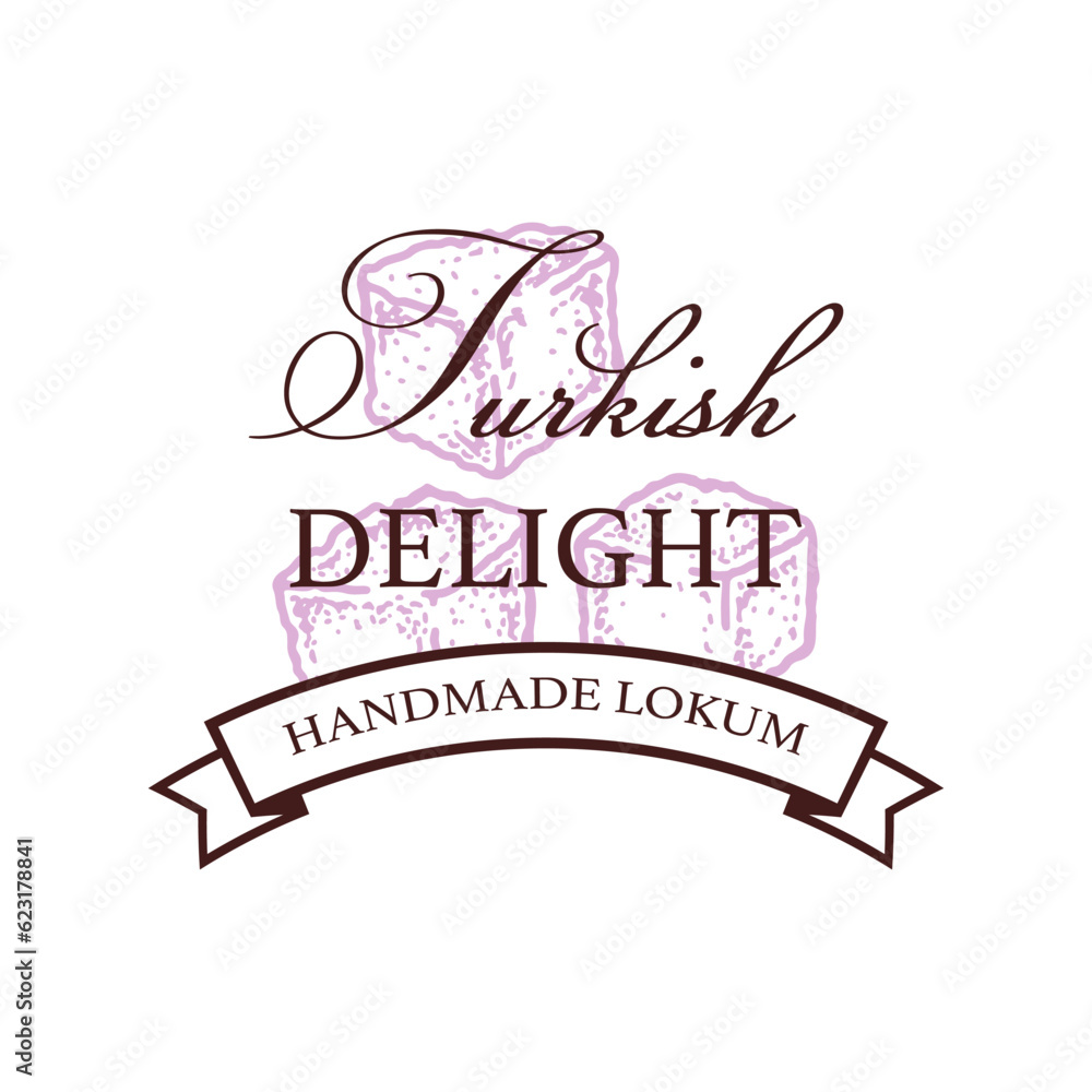Obraz premium Turkish delight logo template. Vector illustration in sketch style. Design for branding and packaging. Eastern sweet. Asian culture