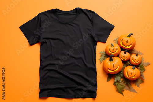 Black womens t-shirt halloween mockup with pumpkins and leaves on orange background. Design t shirt template, print presentation mock up. Top view flat lay. Generated AI. photo