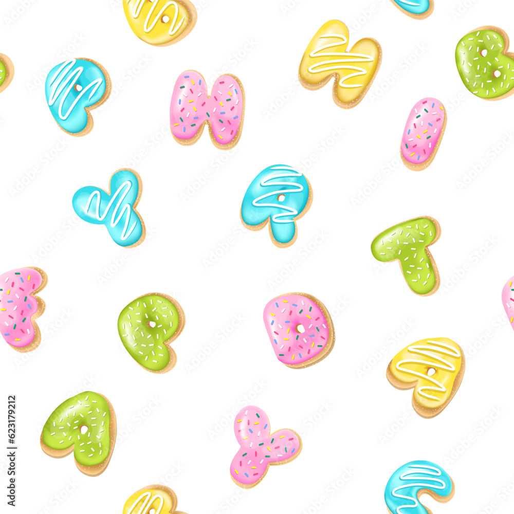 Seamless background with a pattern of falling letters donuts in realistic style, 3d. Design for packaging, banner, poster, bakery menu. Vector illustration