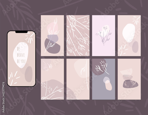 Social media story layout in shades of delicate pastel beige, powder shades pink, pale brown, red. Abstract shapes, eucalyptus branches, spots, lines, checkered pattern.