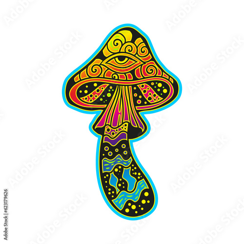 Psychedelic Magic Mushrooms. Vector illustration neon. Zen art. Decorative mushrooms, hippie, hallucination psilocybin 60s 70s