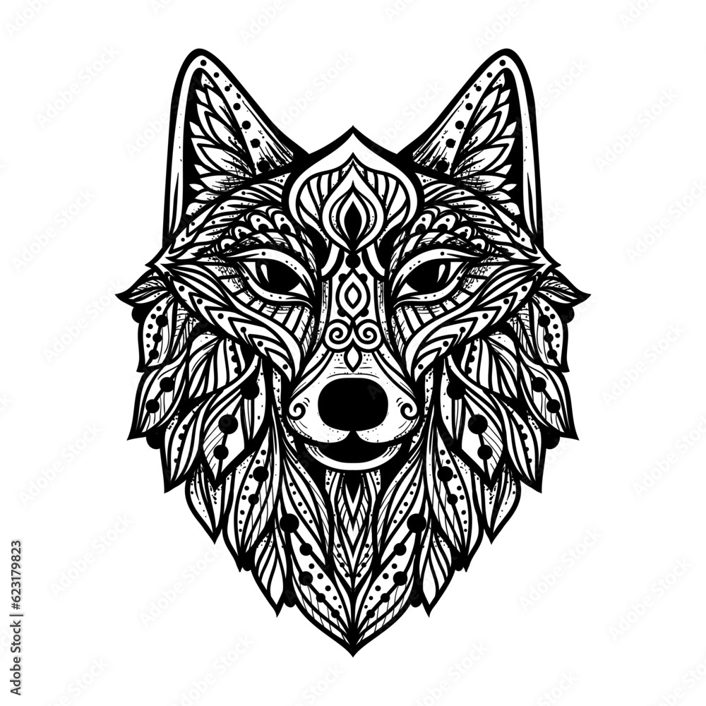 Fototapeta premium Wolf mandala. Vector illustration. Adult coloring page. Spiritual Animal in Zen boho style. Sacred, Peaceful. Tattoo tribal print. Black and white