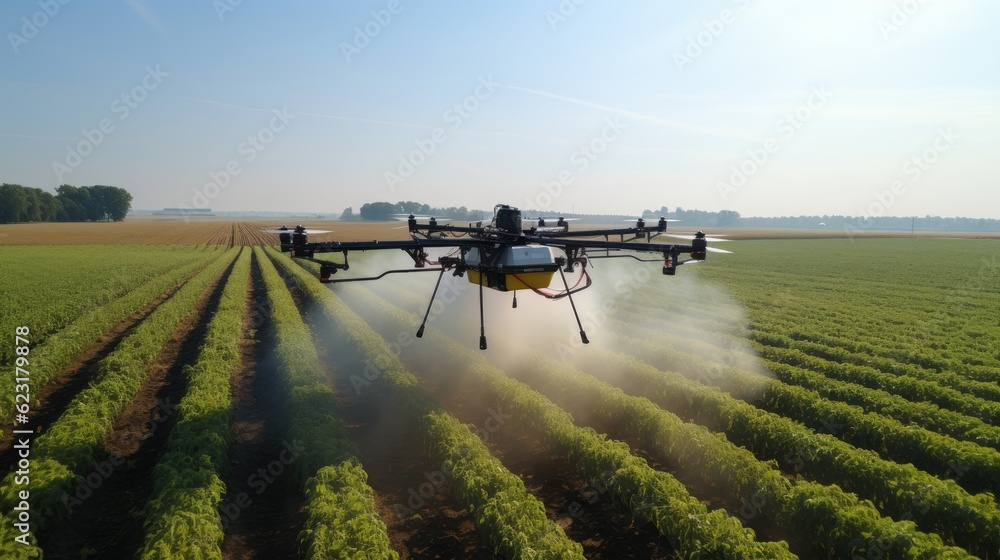 Drone flying and spraying fertilizer on the agriculture fields Drone flying and spraying fertilizer on the agriculture fields