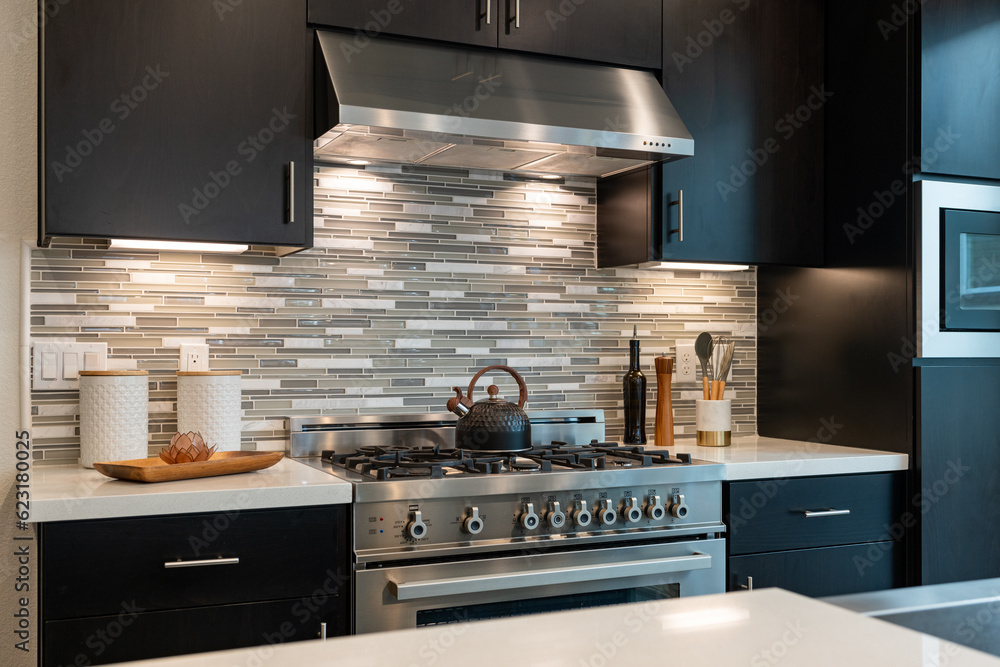 Modern kitchen details of large gas stove, black cabinetry and ...