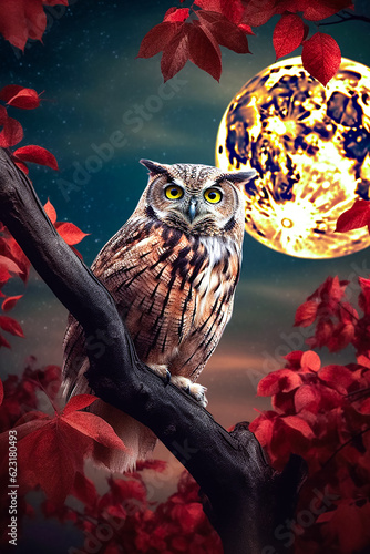 An owl perched on a tree branch against the backdrop of a full moon, a night nature landscape. V4. photo