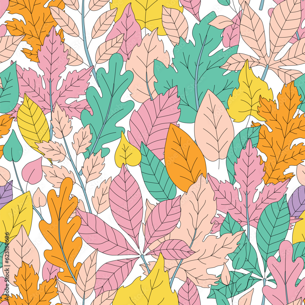 Fall leaves vector pattern. Autumn seamless print with forest foliage. Doodle cozy pattern. Abstract fall leaf. Collage maple and oak leaves print. 70s retro groovy background. Vector Illustration.