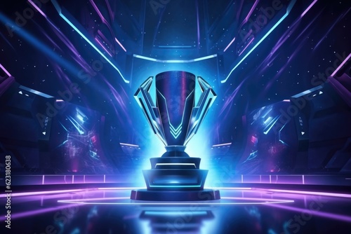 eSports Championship Trophy on Stage with Neon Lights generative AI