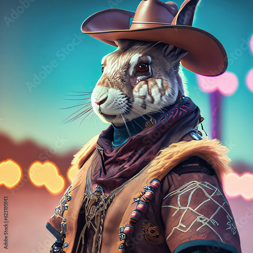 An ingenious blend of fantasy and reality, presenting a hare in a SteamPunk style, donning a hat reminiscent of a Native American chief. Created with Generative AI technology. (ID: 623180843)