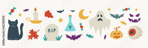 Halloween contemporary trendy vector illustrations set. Hand drawn modern colorful elements collection cat, bats, pumpkin, ghost, tombstone and candies. Autumn holiday bundle with isolated items