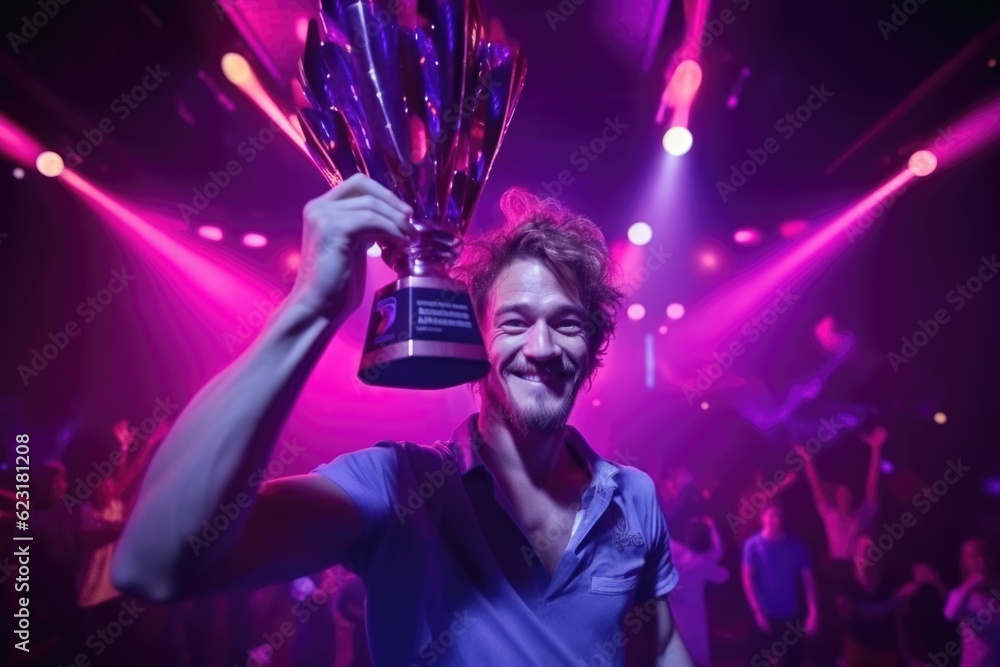 Professional Gamer Holding Trophy in Neon-Lit Arena generative AI