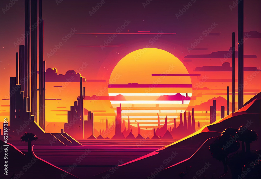 Sunset background asset game 2D futuristic generative ai