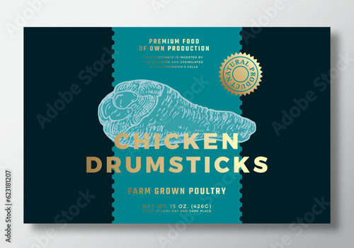 Farm Grown Chicken Abstract Vector Packaging Label Design Template. Modern Typography Banner, Hand Drawn Drumstick Leg Meat Sketch Silhouette. Color Paper Background Layout with Gold Foil Isolated