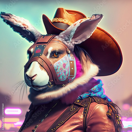 Younger hare gazes into the camera, embodying the rich Steampunk aesthetic with a gaze full of promise. Created with Generative AI technology. (ID: 623181461)