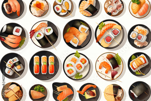 Sushi set. Collection of fast fool in asian style. Classic shushi and rice rolls. Generated AI.