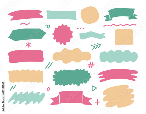 Set of stickers with abstract clouds, shapes, ribbons, elements and lines. Vector illustration with wavy and line elements hand drawn for decoration