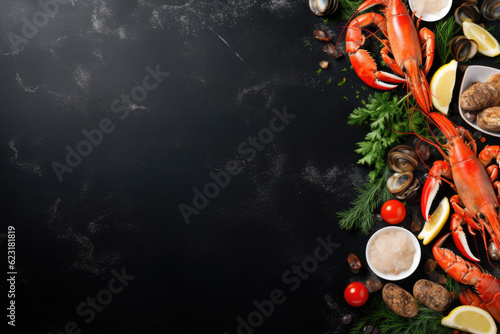 Lobster and shellfish with copy space on a black background