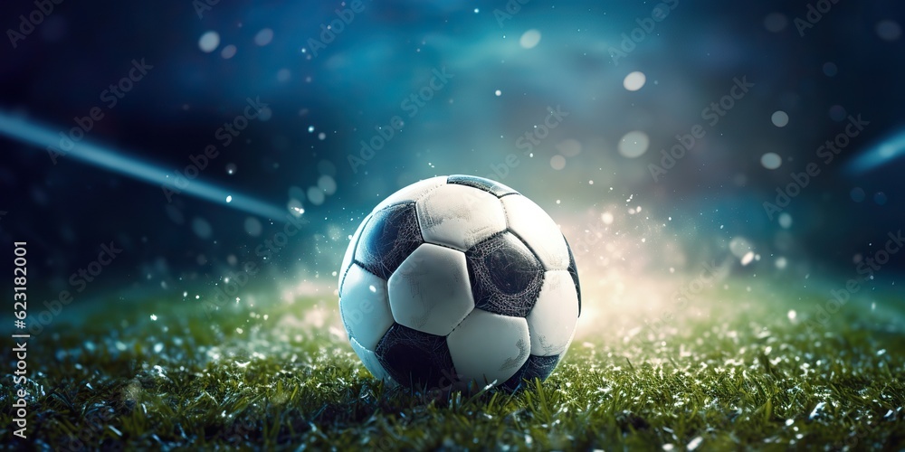 Fototapeta premium AI Generated. AI Generative. Soccer football ball on green grass field stadium. Sport game motivational promotion inspirational poster decoration. Graphic Art