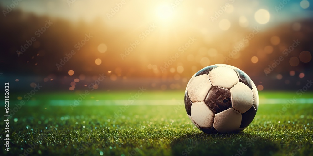 AI Generated. AI Generative. Soccer football ball on green grass field stadium. Sport game motivational promotion inspirational poster decoration. Graphic Art