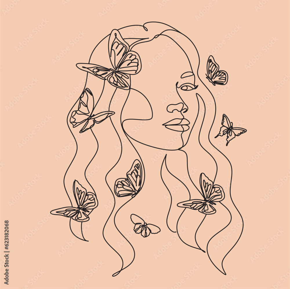 Abstract face with butterfly by one line drawing. Portrait minimalistic style. Botanical print. Nature symbol of cosmetics. Modern continuous line art. Fashion print. Beaty salon art Canvas Print