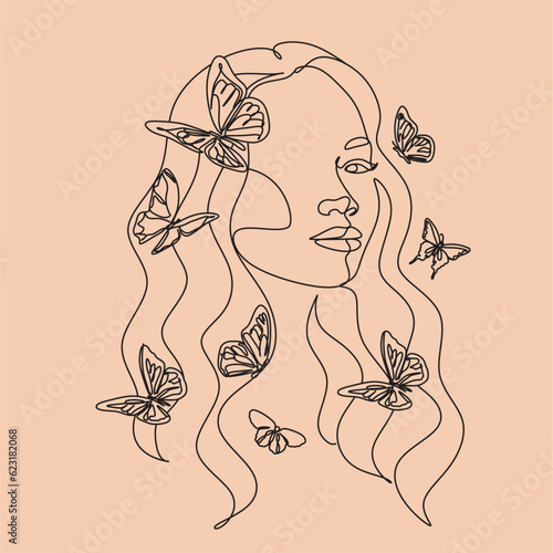 Obraz na płótnie Abstract face with butterfly by one line drawing. Portrait minimalistic style. Botanical print. Nature symbol of cosmetics. Modern continuous line art. Fashion print. Beaty salon art Canvas Print w salonie