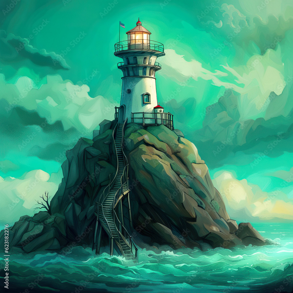 Fantasy landscape. Lighthouse on island in a stormic sea against dramatic turquiose sky with cumulus clouds. Fairytale scene. Generative AI illustration.