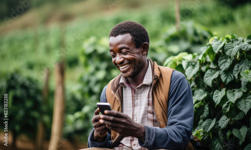 African farmer checking his phone and smiling after the harvest. Agriculture phone technology concept © STORYTELLER
