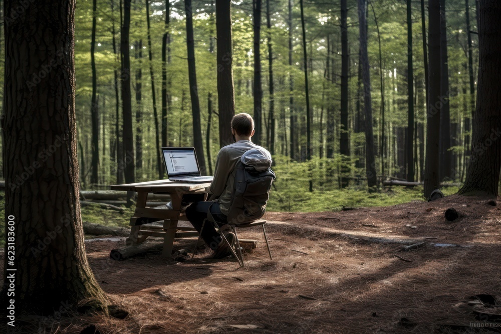 Laptop computer on wood table in the forest with nature background Laptop computer on wood table in the forest with nature background