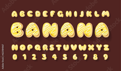 Vector alphabet of donuts. Bakery sweet tasty font. Yellow banana letters and numbers on the browm background. Food lettering. Donut font. Cake and cookies isolated baby glazed dessert photo