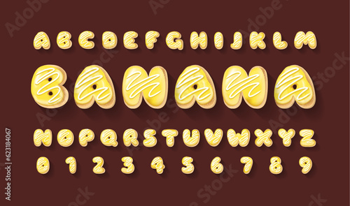 Vector alphabet of donuts. Bakery sweet tasty font. Yellow banana letters and numbers on the browm background. Food lettering. Donut font. Cake and cookies isolated baby glazed dessert