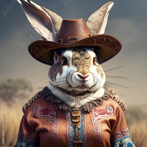 A hare embodies the grace and poise of a mother, dressed in the classic Steampunk style, her gaze serene as she dons a hat. Created with Generative AI technology. (ID: 623184210)
