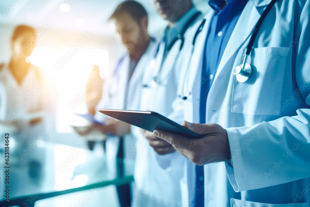 Unrecognizables team of doctors reviewing patient's chart. Generative AI. Unrecognizables team of doctors reviewing patient's chart. Generative AI.