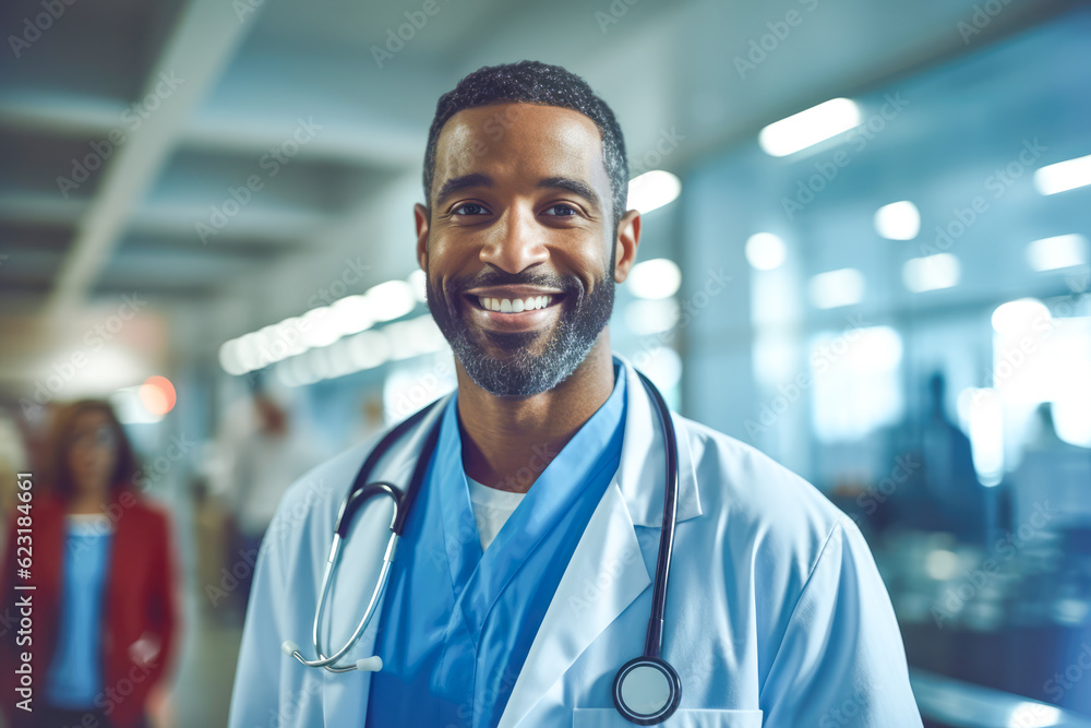 African american doctor man with smiling at the hospital. Portrait. Generative AI. African american doctor man with smiling at the hospital. Portrait. Generative AI.