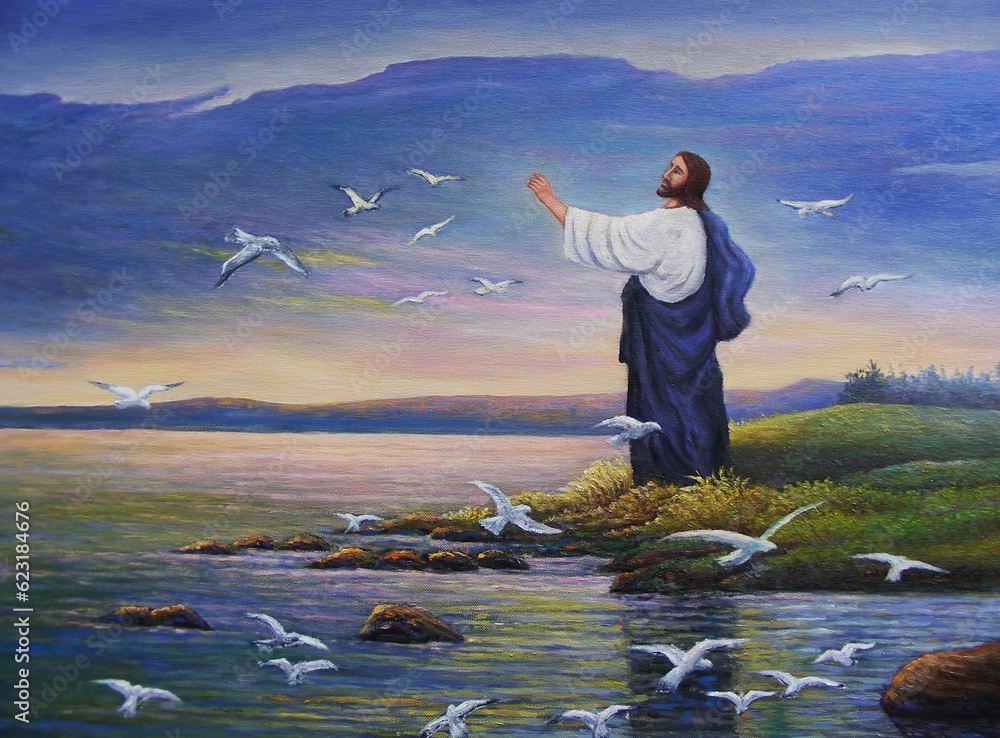Naklejka premium Original of oil painting of Jesus Christ feeds birds at the seaside in the evening show chrsitian belief God will also take care of the peple who believe in him, trust and faith concept