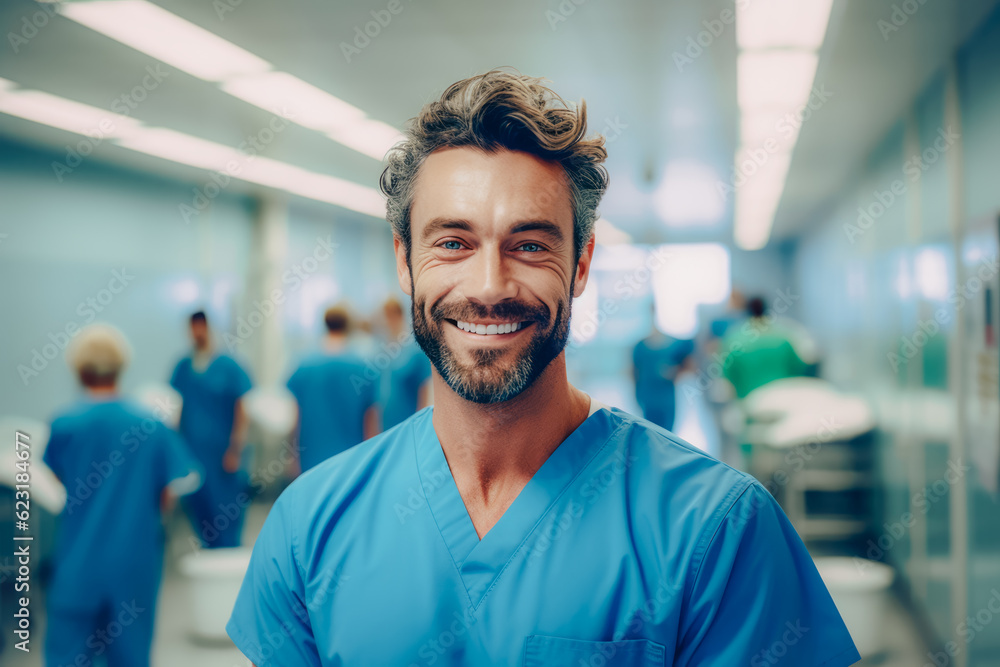 Nurse man portrait smiling at the corridor in hospital. Generative AI. Nurse man portrait smiling at the corridor in hospital. Generative AI.