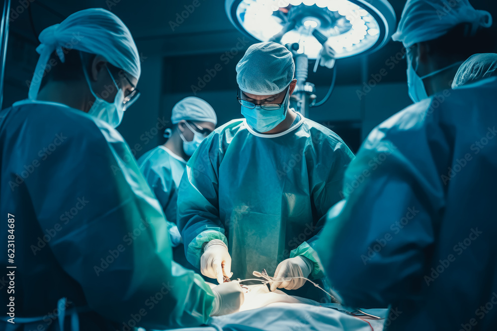 Team of surgeons working in operating room. Generative AI. Team of surgeons working in operating room. Generative AI.