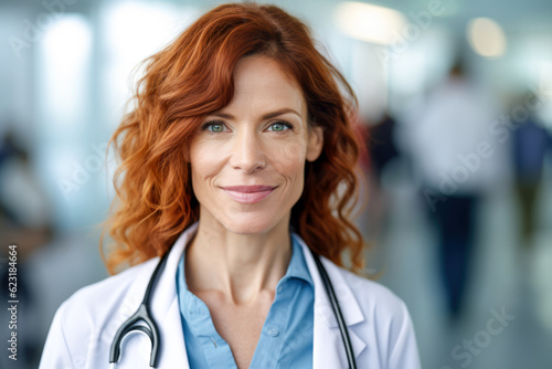 Redhead female doctor portrait smiling in hospital corridor. Generative AI.