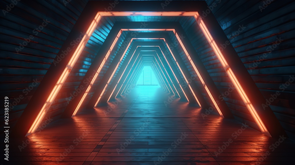 Glowing neon triangle tunnel colorful - obrazy, fototapety, plakaty 