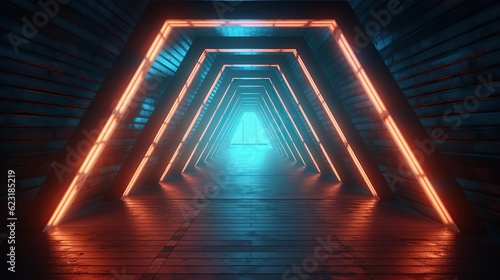 Glowing neon triangle tunnel colorful