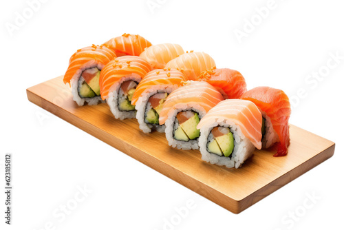 A wooden board with sushi on it, isolated, white background, generative ai