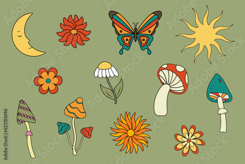 Set of vector illustrations in trendy retro psychedelic cartoon style, 70s hippie stickers and groovy elements. Vector mushrooms, flowers, sun and moon
