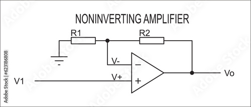 Vector drawing electrical circuit with operational amplifier 
and resistor. Schematic diagram of electronic device.