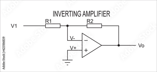 Vector drawing electrical circuit with operational amplifier 
and resistor. Schematic diagram of electronic device.