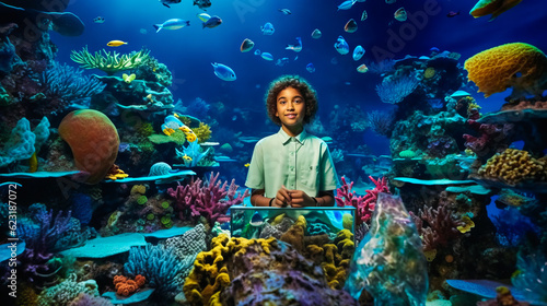 Captivating young biologist in scuba gear, framed by a holographic coral reef filled with vibrant marine life on marine blue backdrop. Generative AI © XaMaps