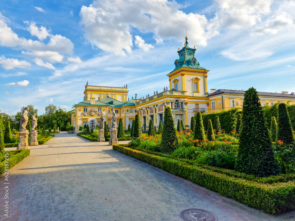WARSAW, WILANOW, POLAND  July 11, 2023 : gardens, flower, beds flowers around Wilanow Palace in Warsaw, Poland