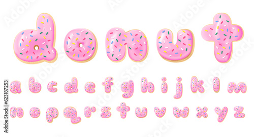 Vector alphabet of donuts. Bakery sweet tasty font. Pink lowercase letters on the white background. Food lettering