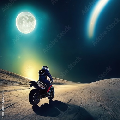 A spacesuit-clad motorcyclist embarks on an ethereal journey across the moon, surrounded by a captivating play of light. Created with Generative AI technology. (ID: 623187429)