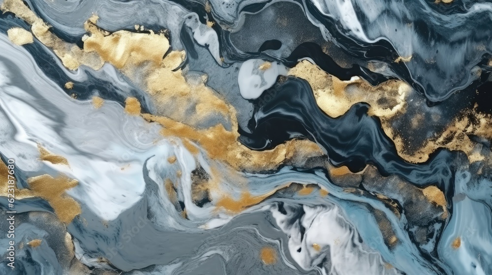 Marble abstract acrylic background. Marbling artwork texture. Agate ripple pattern. Gold powder