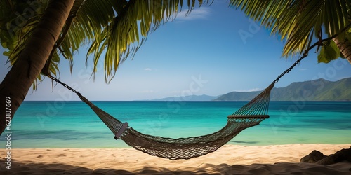 AI Generated. AI Generative. Beach island sand ocean sea vacation relax chill adventure dream sleep shadow hammock with palms. Graphic Art